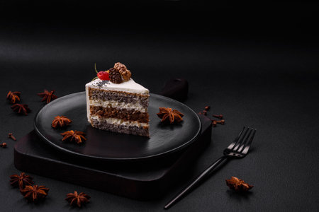 Delicious beautiful piece of cake with cream and berries on a black ceramic plate on a dark concrete backgroundの写真素材