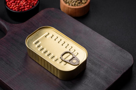 Metal aluminum can of canned sardines in oil with spices and salt on a dark concrete backgroundの写真素材