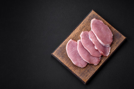 Fresh juicy pork on a wooden cutting board with spices and salt on a dark concrete backgroundの写真素材