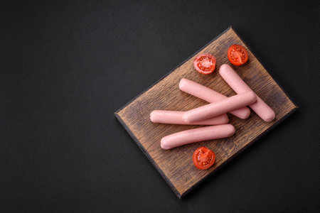 Boiled sausages on a wooden cutting board with tomatoes, spices and salt on a dark concrete backgroundの写真素材