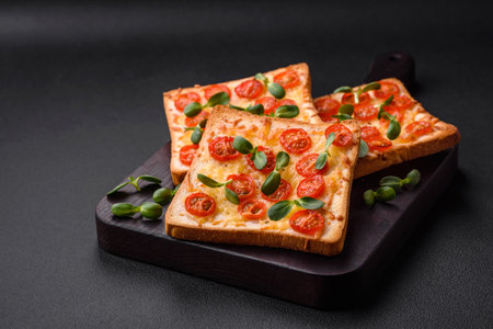 Delicious fresh toast or bruschetta with tomatoes, cheese, herbs, salt and spices on a dark concrete backgroundの写真素材