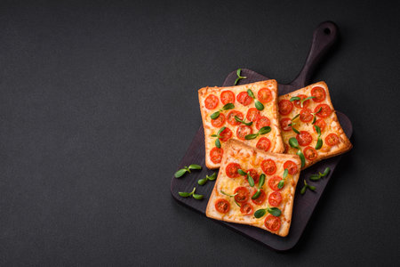 Delicious fresh toast or bruschetta with tomatoes, cheese, herbs, salt and spices on a dark concrete backgroundの写真素材
