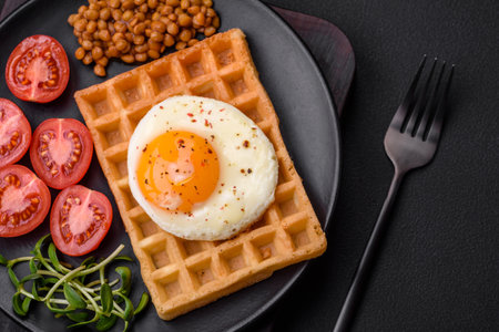 Delicious hearty breakfast consisting of a fried egg, Belgian waffle, lentils, microgreens with spices and herbs on a dark concrete backgroundの写真素材