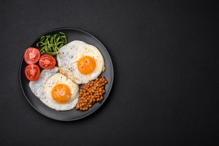Delicious hearty breakfast consisting of two fried eggs, canned lentils, microgreens with spices and...