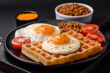Delicious hearty breakfast consisting of a fried egg, Belgian waffle, lentils, microgreens with spices and herbs on a dark concrete backgroundの写真素材