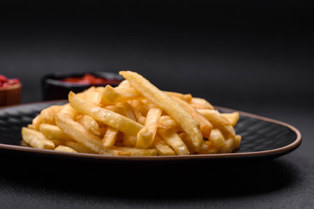 Delicious crispy french fries with salt and spices on a dark concrete background. Unhealthy food, fast foodの写真素材