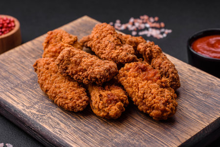 Delicious crispy breaded chicken wings grilled with spices and herbs on a dark concrete backgroundの写真素材