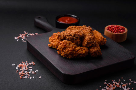Delicious crispy breaded chicken wings grilled with spices and herbs on a dark concrete backgroundの写真素材