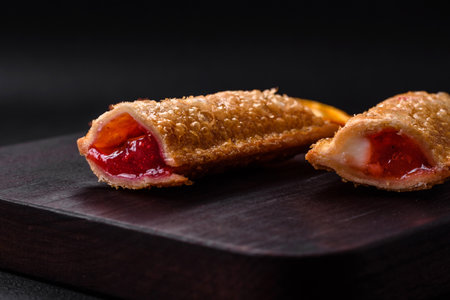 Delicious fresh crispy pie with cherry jam on a wooden cutting board on a dark concrete backgroundの写真素材