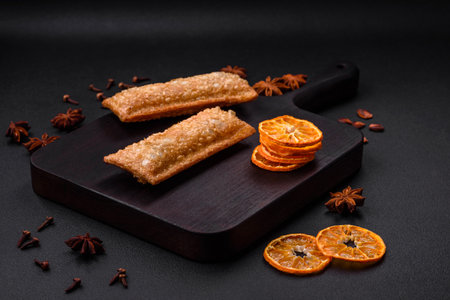 Delicious fresh crispy pie with cherry jam on a wooden cutting board on a dark concrete backgroundの写真素材
