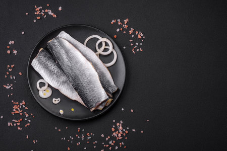 Delicious salted herring fillet in oil on a black ceramic plate on a dark concrete backgroundの写真素材