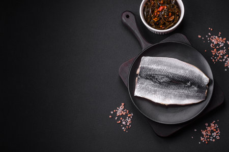 Delicious salted herring fillet in oil on a black ceramic plate on a dark concrete backgroundの写真素材
