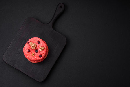 Delicious fresh crunchy pink oatmeal cookies with raspberry flavor on a dark concrete backgroundの写真素材