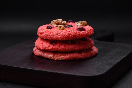 Delicious fresh crunchy pink oatmeal cookies with raspberry flavor on a dark concrete background