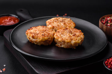 Delicious fresh cutlets or meatballs with spices, herbs and tomato sauce on a dark concrete backgroundの写真素材