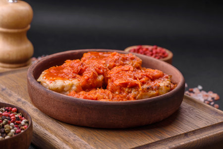 Delicious fresh cutlets or meatballs with spices, herbs and tomato sauce on a dark concrete backgroundの写真素材