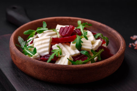 Delicious fresh mozzarella and boiled beets cut into slices on a round ceramic plate on a dark concrete backgroundの写真素材