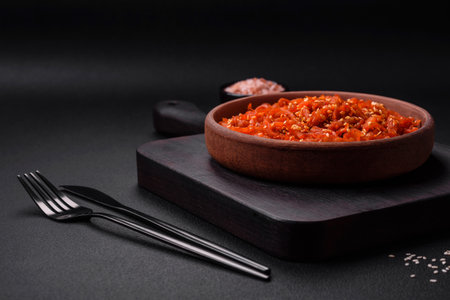 Dried squid chopped into slices and seasoned with sesame seeds and spices on a dark concrete background. Korean food dishの写真素材