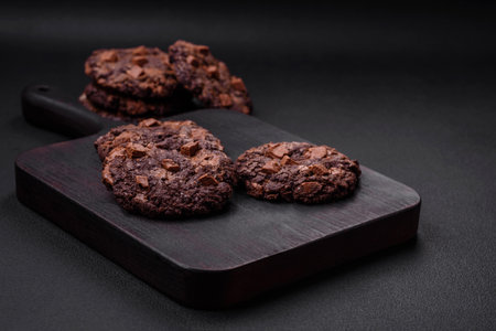 Delicious fresh crispy oatmeal cookies with chocolate and nuts on a black ceramic plate on a dark...