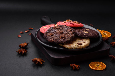 Delicious fresh crispy oatmeal cookies with chocolate and nuts on a black ceramic plate on a dark concrete backgroundの写真素材