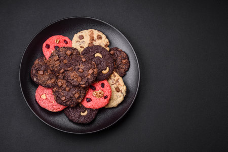 Delicious fresh crispy oatmeal cookies with chocolate and nuts on a black ceramic plate on a dark concrete backgroundの写真素材
