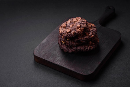 Delicious fresh crispy oatmeal cookies with chocolate and nuts on a black ceramic plate on a dark concrete backgroundの写真素材