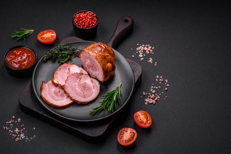 Delicious fresh baked meat roll with spices and herbs on a dark concrete backgroundの写真素材