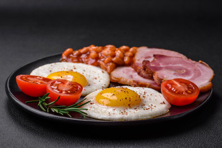 Delicious nutritious English breakfast with fried eggs, tomatoes, bacon and beans on a dark concrete backgroundの写真素材
