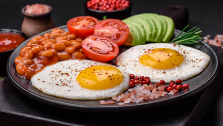 Delicious nutritious English breakfast with fried eggs, tomatoes and avocado with spices and herbs...
