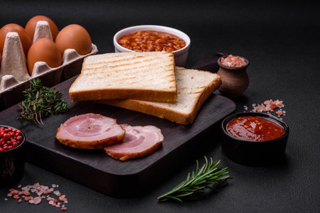 Delicious nutritious English breakfast with fried eggs, tomatoes, bacon and beans on a dark concrete backgroundの写真素材