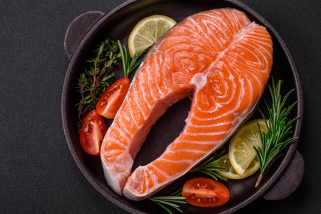 Fresh raw red fish steak with spices and herbs on a dark concrete backgroundの写真素材