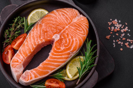 Fresh raw red fish steak with spices and herbs on a dark concrete backgroundの写真素材