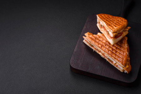 Delicious crispy sandwich with chicken breast, tomatoes, ketchup and spices on a dark concrete backgroundの写真素材