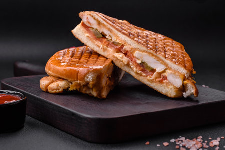 Delicious crispy sandwich with chicken breast, tomatoes, ketchup and spices on a dark concrete backgroundの写真素材