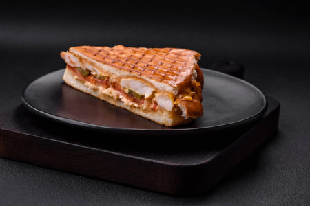 Delicious crispy sandwich with chicken breast, tomatoes, ketchup and spices on a dark concrete backgroundの写真素材