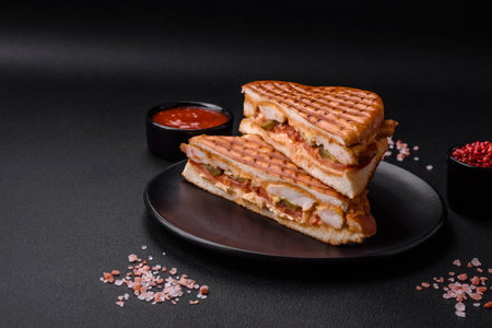 Delicious crispy sandwich with chicken breast, tomatoes, ketchup and spices on a dark concrete backgroundの写真素材