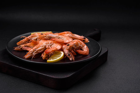 Tiger shrimp or langoustine boiled with spices and salt on a dark concrete backgroundの写真素材