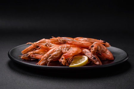 Tiger shrimp or langoustine boiled with spices and salt on a dark concrete backgroundの写真素材