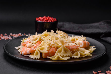 Delicious farfalle pasta with langoustine shrimp with creamy sauce and cheese on a dark concrete backgroundの写真素材