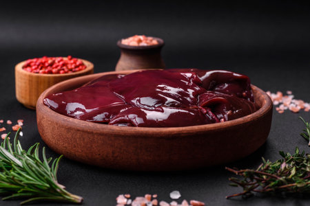 Fresh raw chicken, turkey or duck liver with salt, spices and herbs on a dark concrete backgroundの写真素材