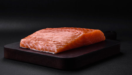 Fresh tasty raw red fish fillet with spices and herbs on a dark concrete backgroundの写真素材