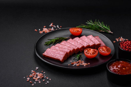 Delicious fresh sausage salami with salt, tomatoes and spices on a dark concrete backgroundの写真素材