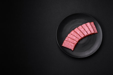 Delicious fresh sausage salami with salt, tomatoes and spices on a dark concrete backgroundの写真素材