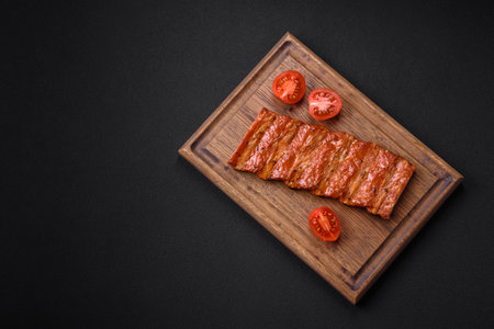 Delicious fresh grilled or smoked ribs with salt, spices and herbs on dark concrete backgroundの写真素材