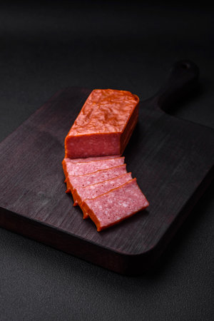 Delicious fresh sausage salami with salt, tomatoes and spices on a dark concrete backgroundの写真素材