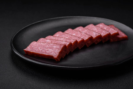 Delicious fresh sausage salami with salt, tomatoes and spices on a dark concrete backgroundの写真素材
