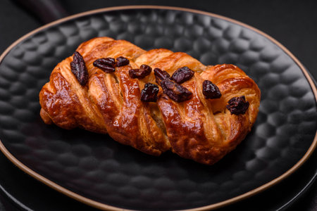 Delicious fresh baked pigtail bun with nuts and syrup on a dark concrete backgroundの写真素材