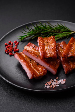 Grilled fresh juicy ribs with salt, spices and herbs on a dark concrete backgroundの写真素材