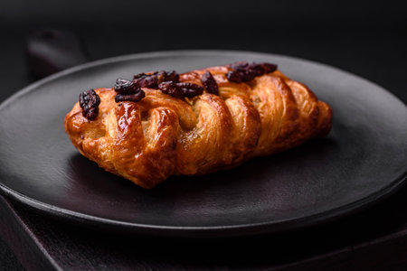 Delicious fresh baked pigtail bun with nuts and syrup on a dark concrete backgroundの写真素材