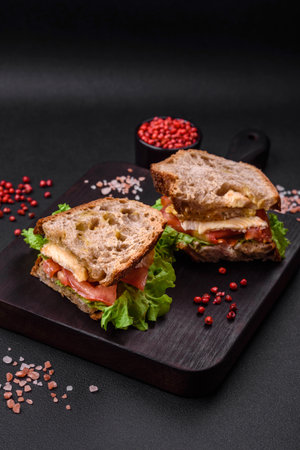 Delicious sandwich with crispy toast, chicken, tomatoes and lettuce on a dark concrete backgroundの写真素材
